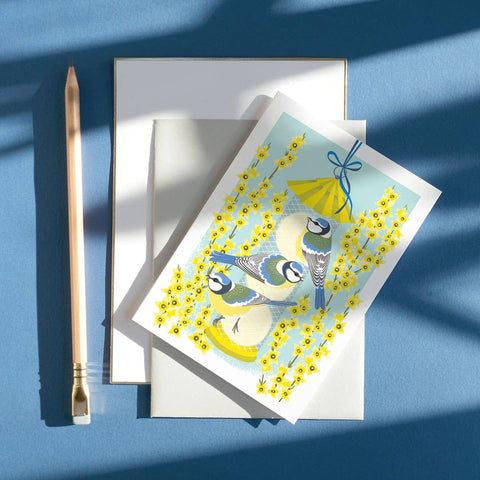 Blue Tits & Forsythia | Everyday greetings card | Bird lover - Sprouts of Bristol