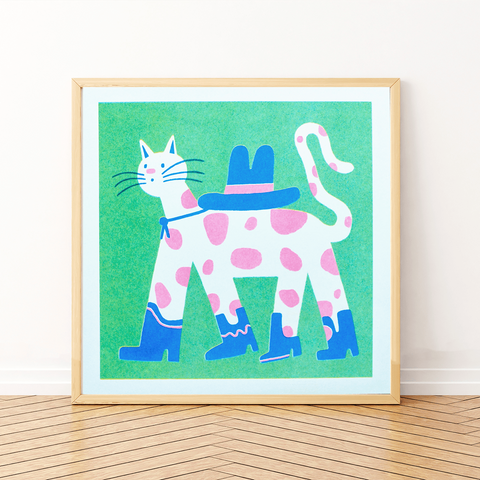 Cowboy Cat Square Risograph Art Print - Sprouts of Bristol