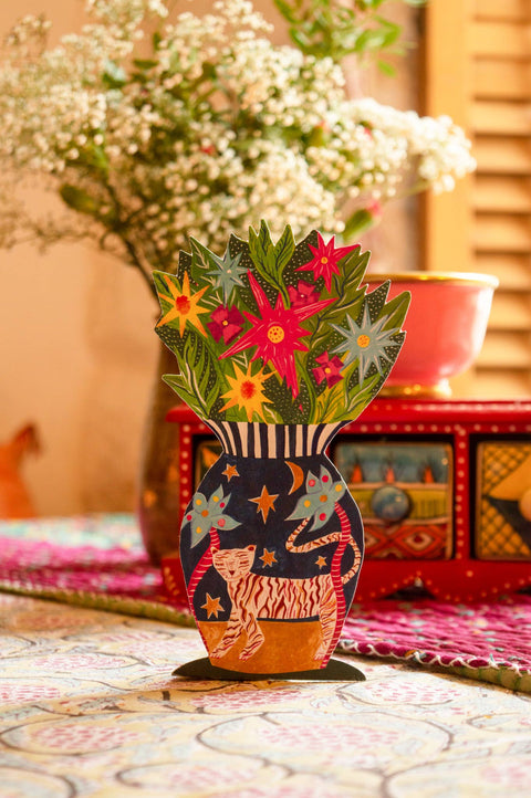 'Magical Pop Up Tiger Vase' Greetings Card - Sprouts of Bristol
