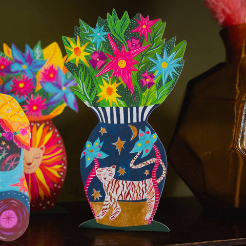 'Magical Pop Up Tiger Vase' Greetings Card - Sprouts of Bristol