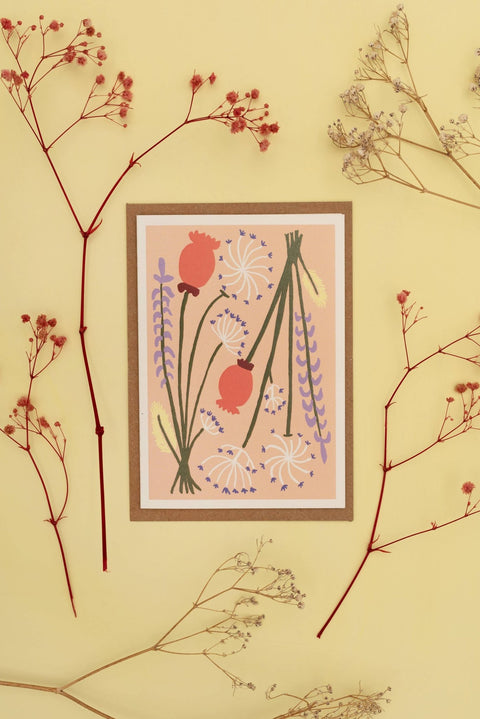 Peach Pink Dried Poppy Flower Greetings Card - Sprouts of Bristol