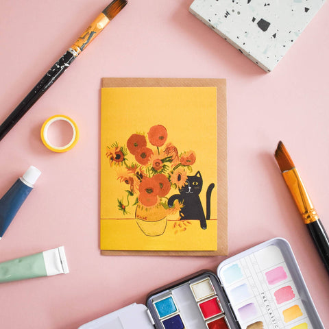 Vincents Sunflower Vase Cat Greetings Card - Sprouts of Bristol