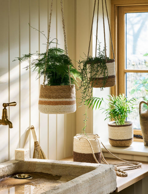 Woven Hanging Plant Pot – Cream & Brown Multi Stripe - Sprouts of Bristol