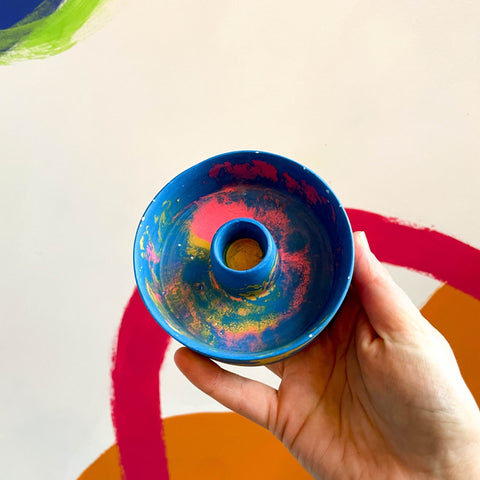 Bright Blue, Pink and Yellow Abstract Jesmonite Candle Basin Holder - Sprouts of Bristol