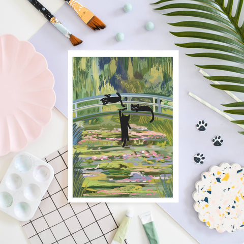 Clawed Monet cats on a bridge Art Print - Sprouts of Bristol