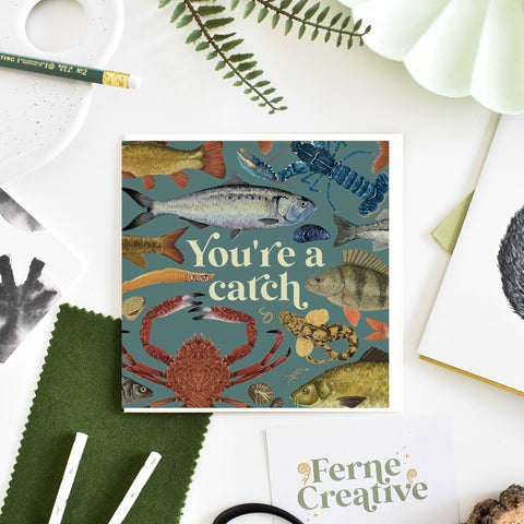 'You're a catch' Illustrated Marine Life Greetings Card - Sprouts of Bristol